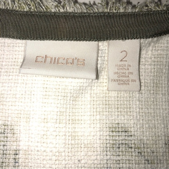 Chicos Jacket Open Front Size 2 Large Woven Textured Green Print Frayed Edges - Picture 3 of 13